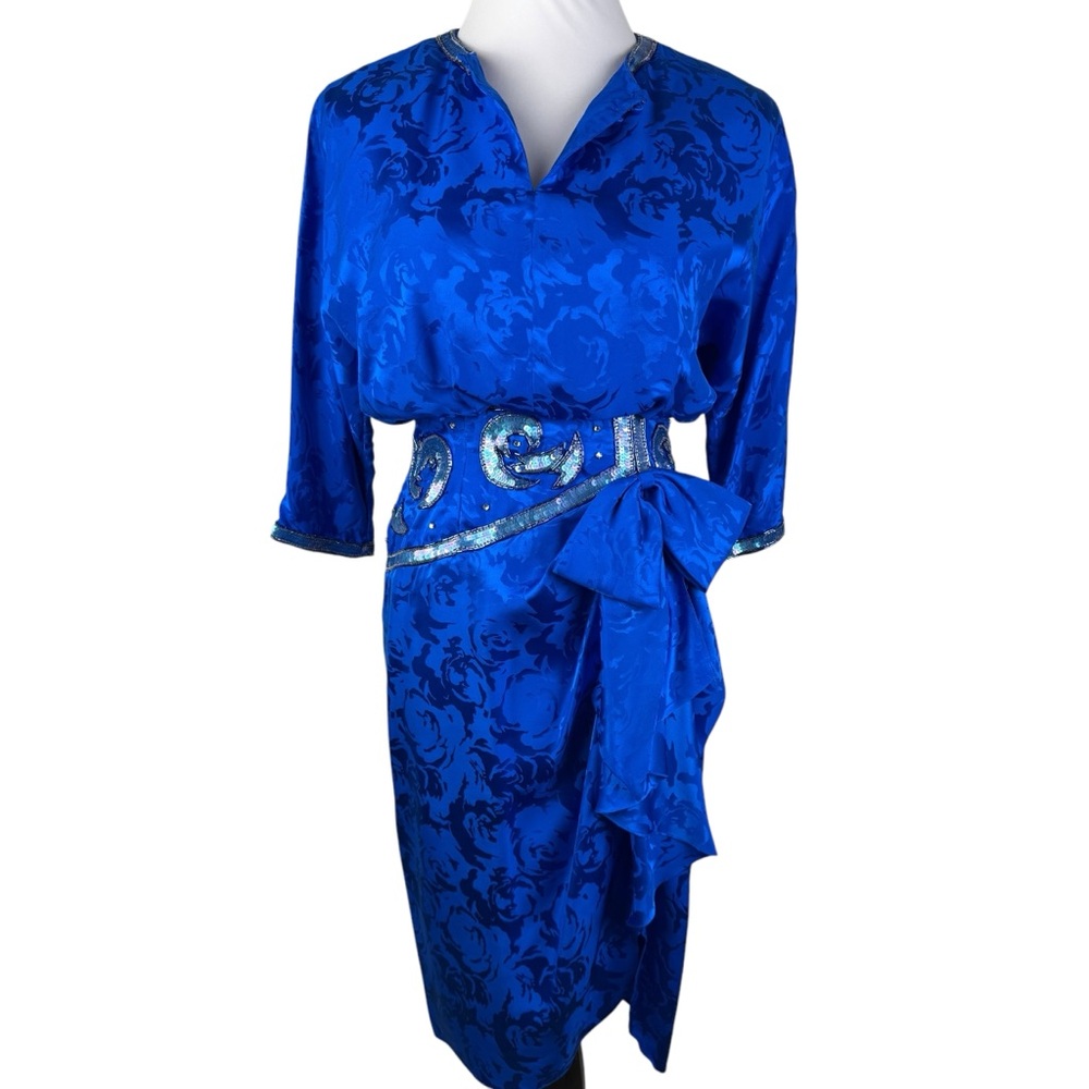 Spenser Jeremy Vintage‎ V-Neck Bow Front Sequin Waist Dress Women's 6 Royal Blue